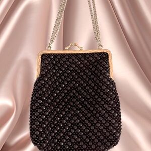Vintage VTG Black Purse Evening bag Beaded Gold Chain